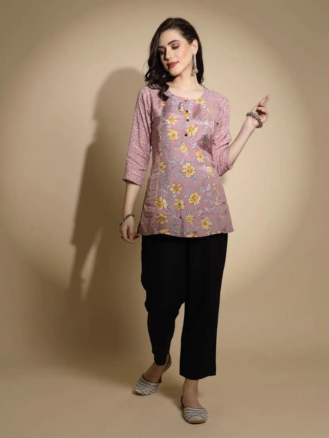 Mauve Floral Print Satin Tunic - Global Republic
