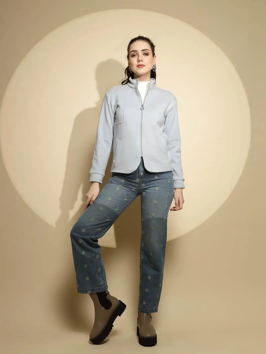 Light Blue Solid Full Sleeve Turtle Neck Fleece Sweatshirt - Global Republic