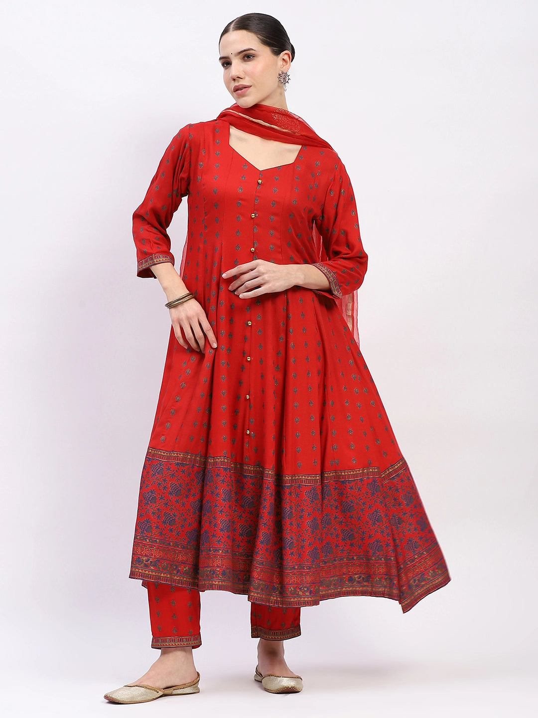 Foil-Printed Muslin Anarkali Suit Set - Global Republic