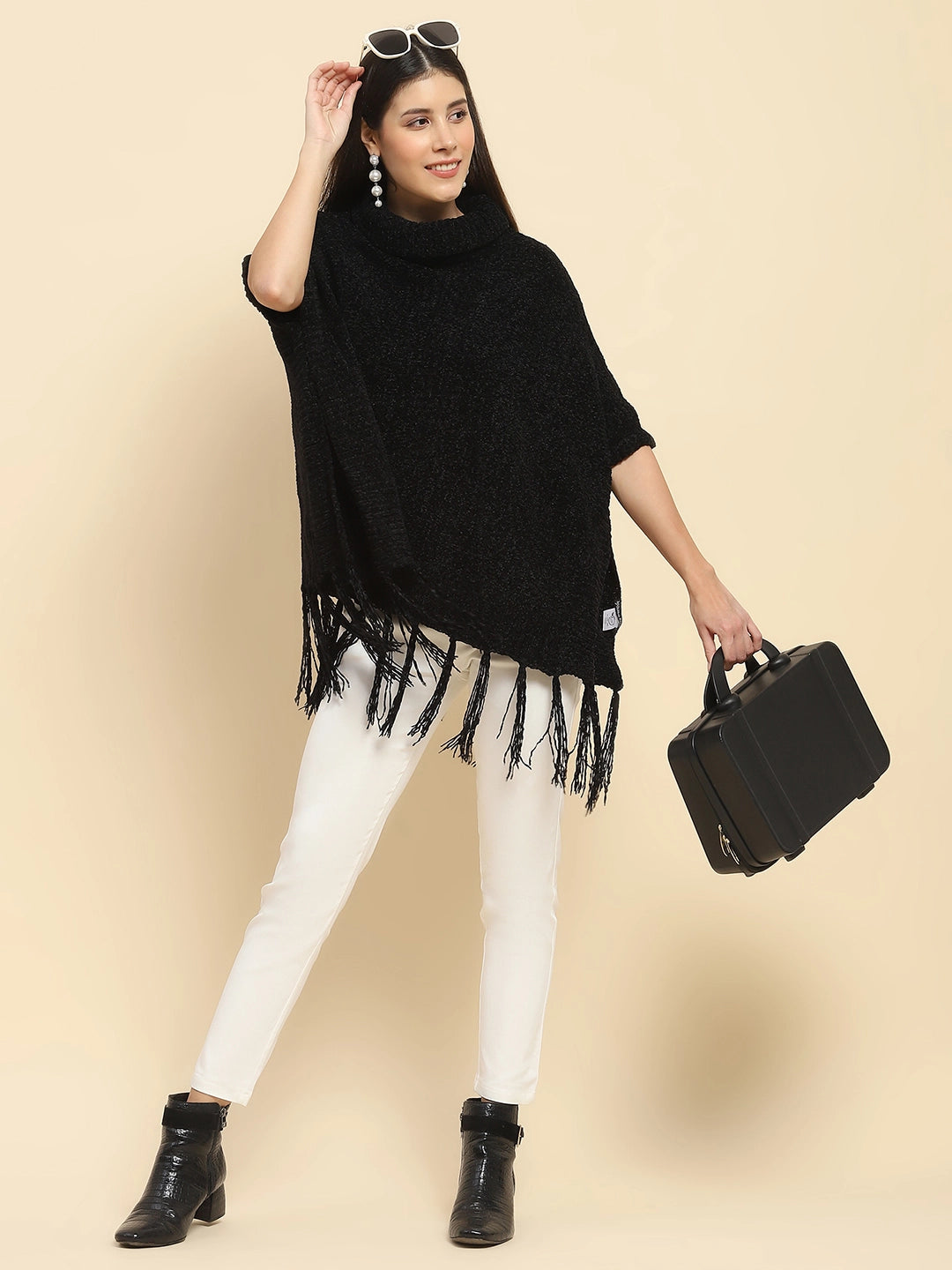 Black Wool Blend Loose Poncho - Global Republic