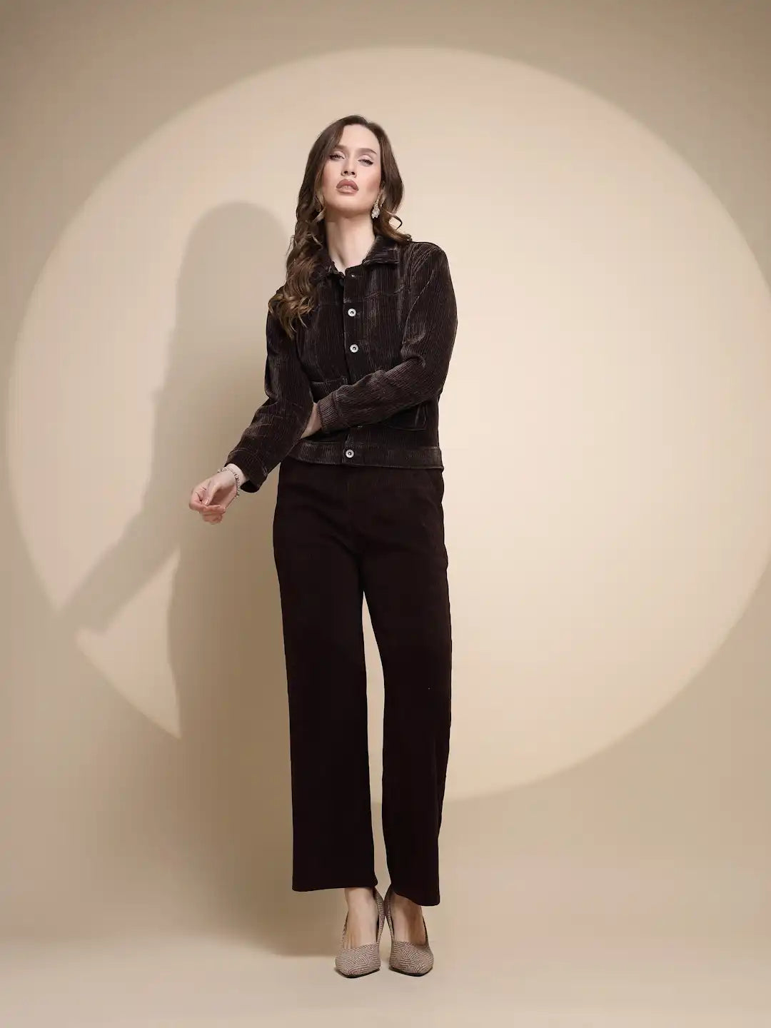 Brown Corduroy Solid Jacket - Global Republic