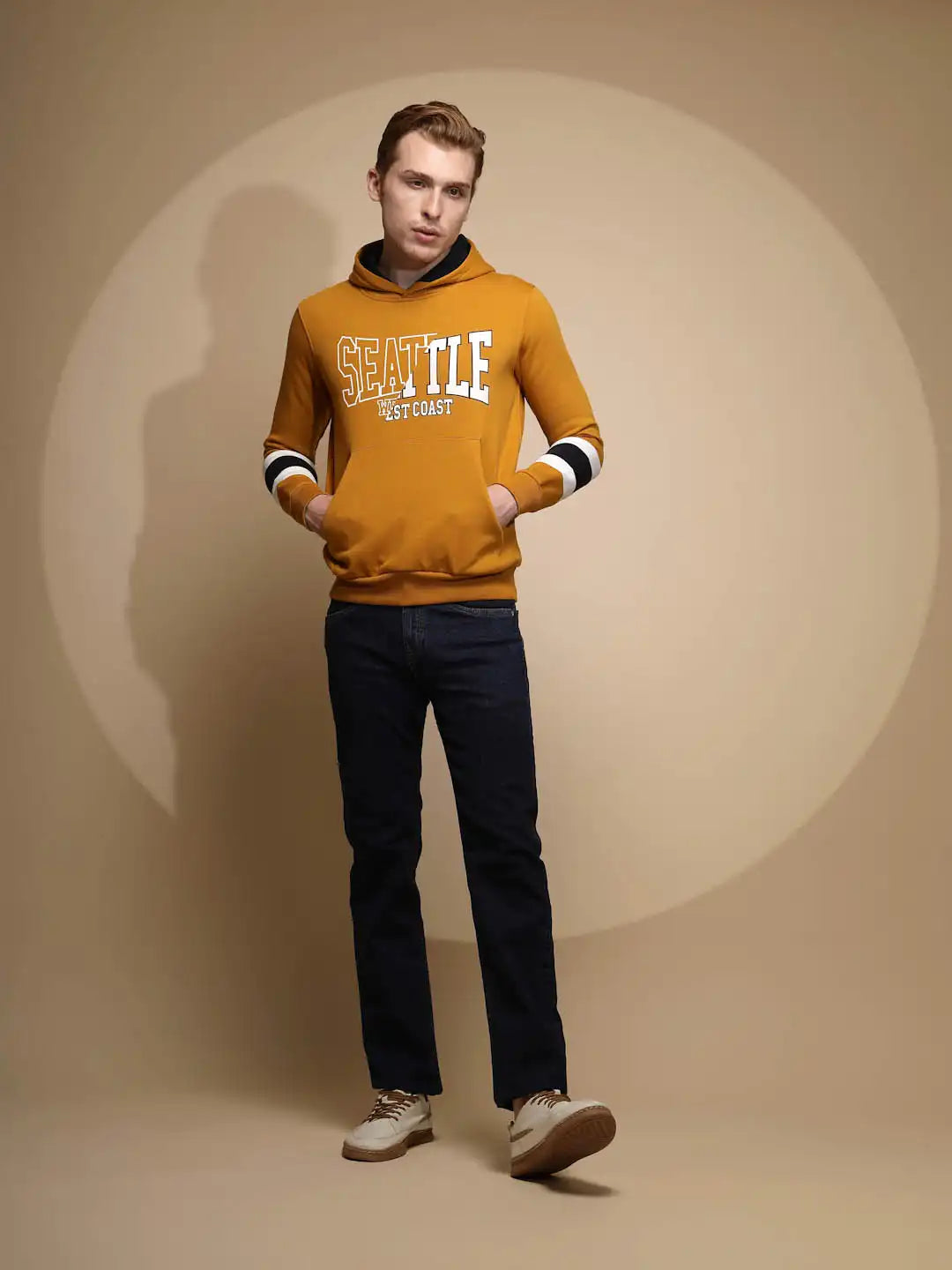 Mustard Solid Hosiery Hooded Sweatshirt - Global Republic