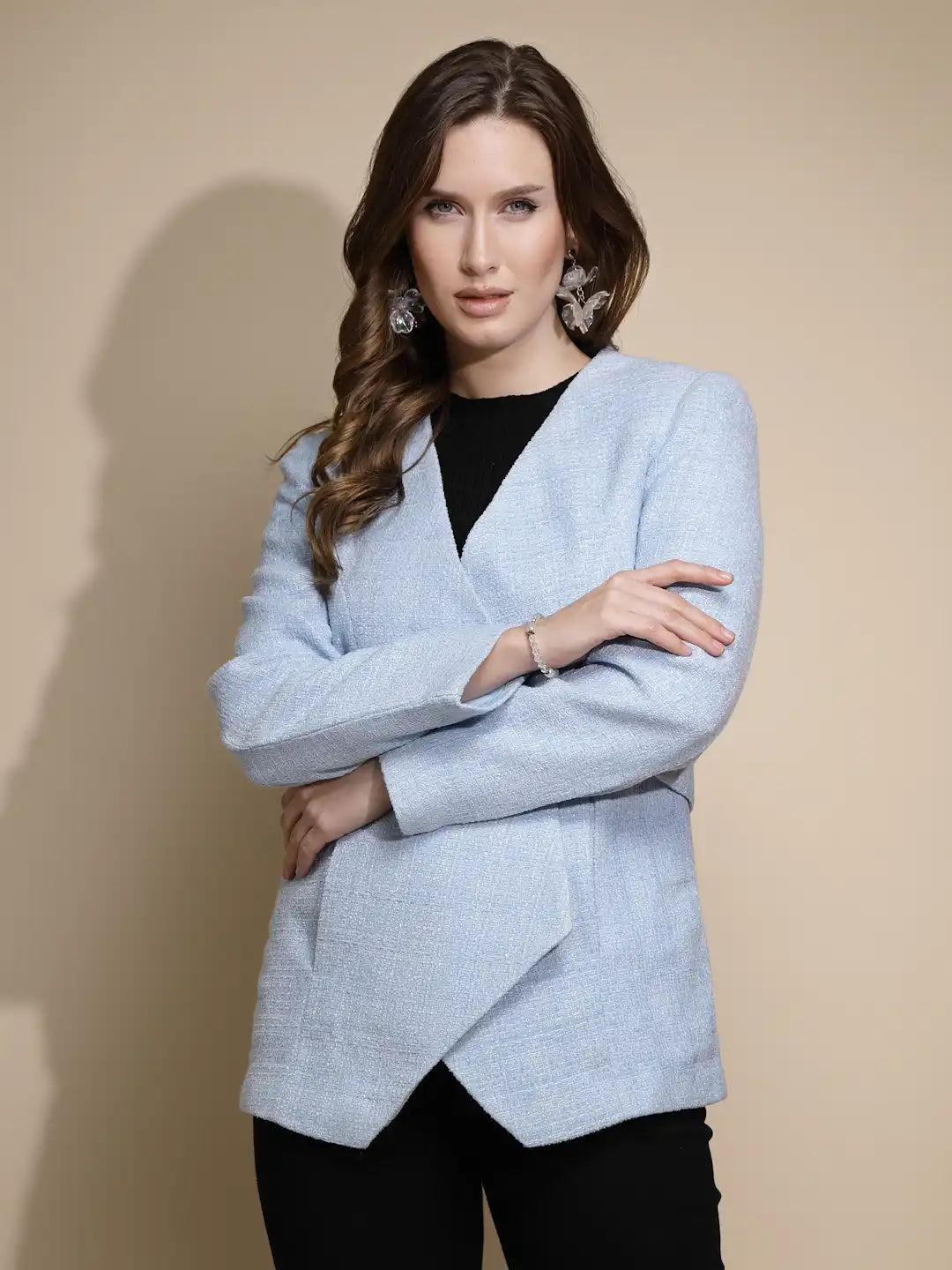 Blue Solid Tweed Coat - Global Republic