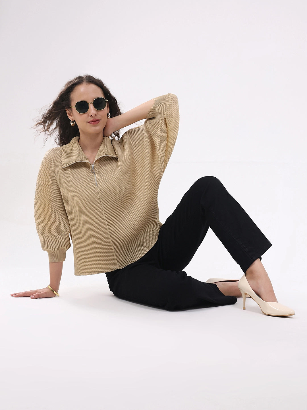 Beige Solid Pleated Blouson Top - Global Republic