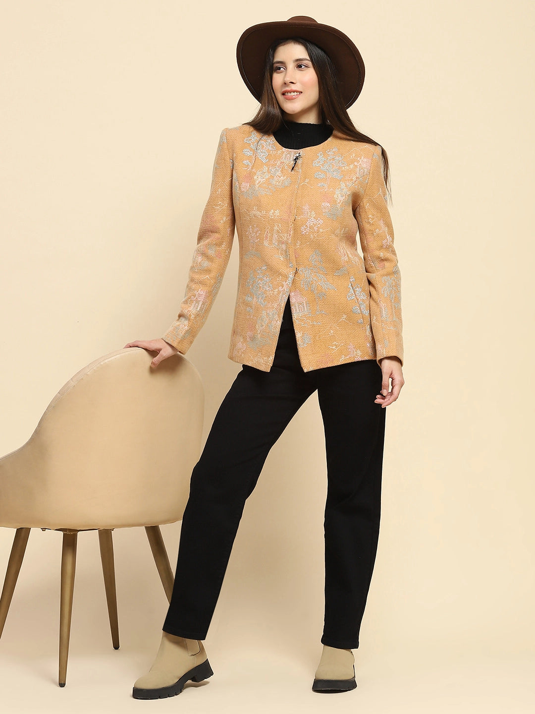 Tan Acrylic Embroidered Winter Coat - Global Republic