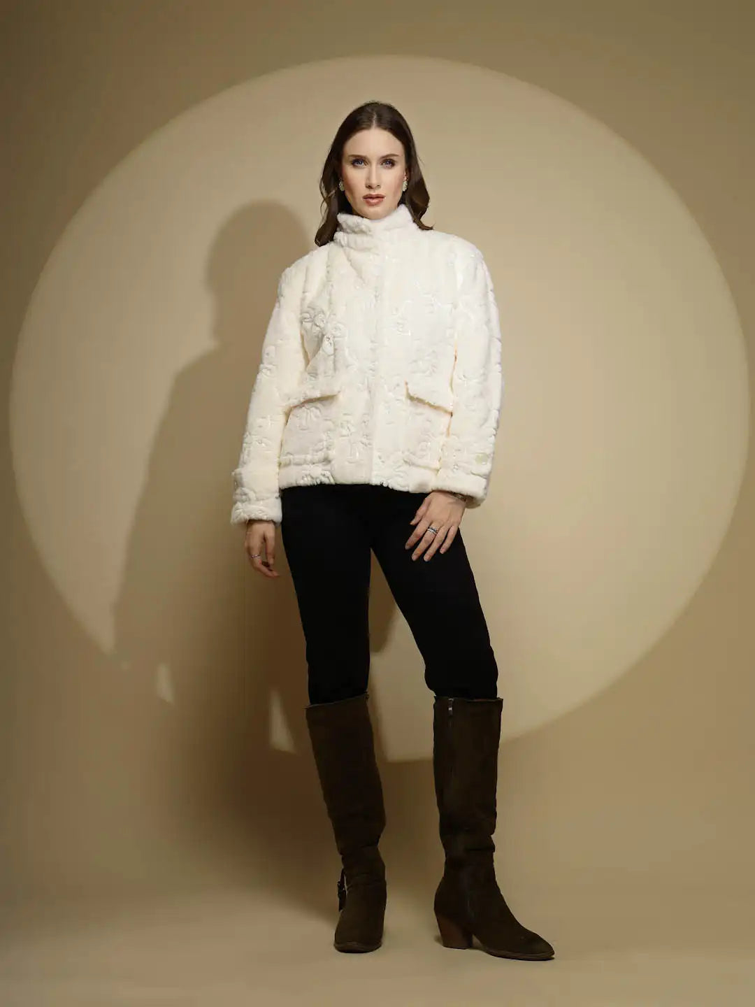 White Embroidered Full Sleeve Turtle Neck Woolen Jacket - Global Republic