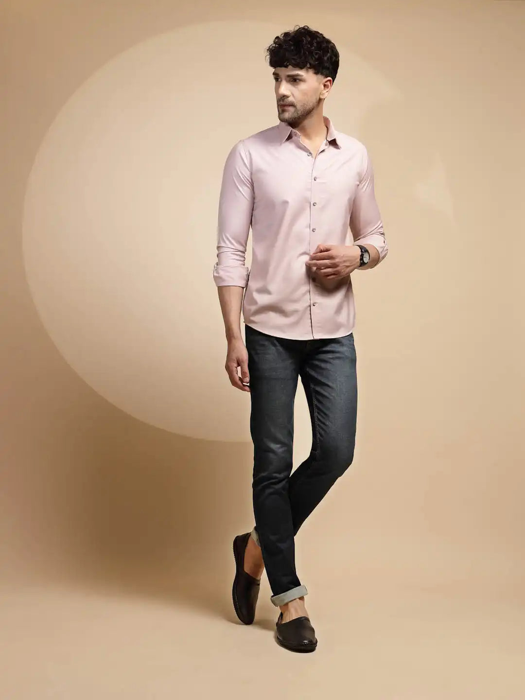 Pink Solid Full Sleeve Collared Neck Cotton Blend Shirt - Global Republic