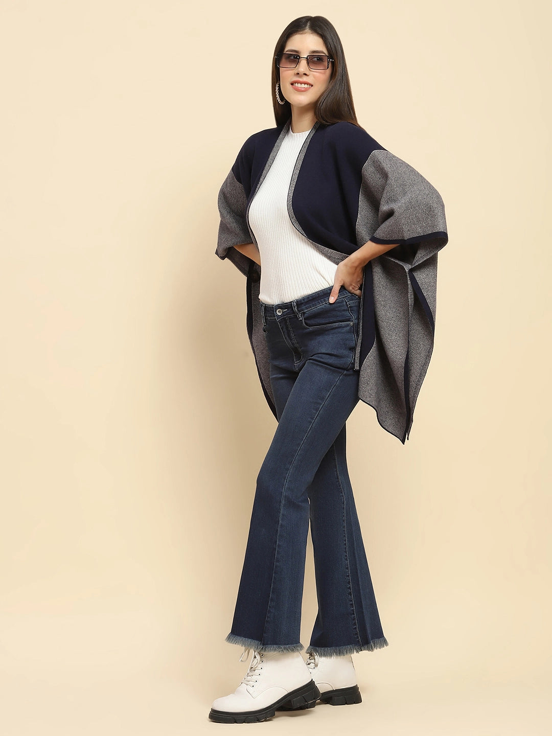 Navy Blue Wool Blend Winter Shrug - Global Republic