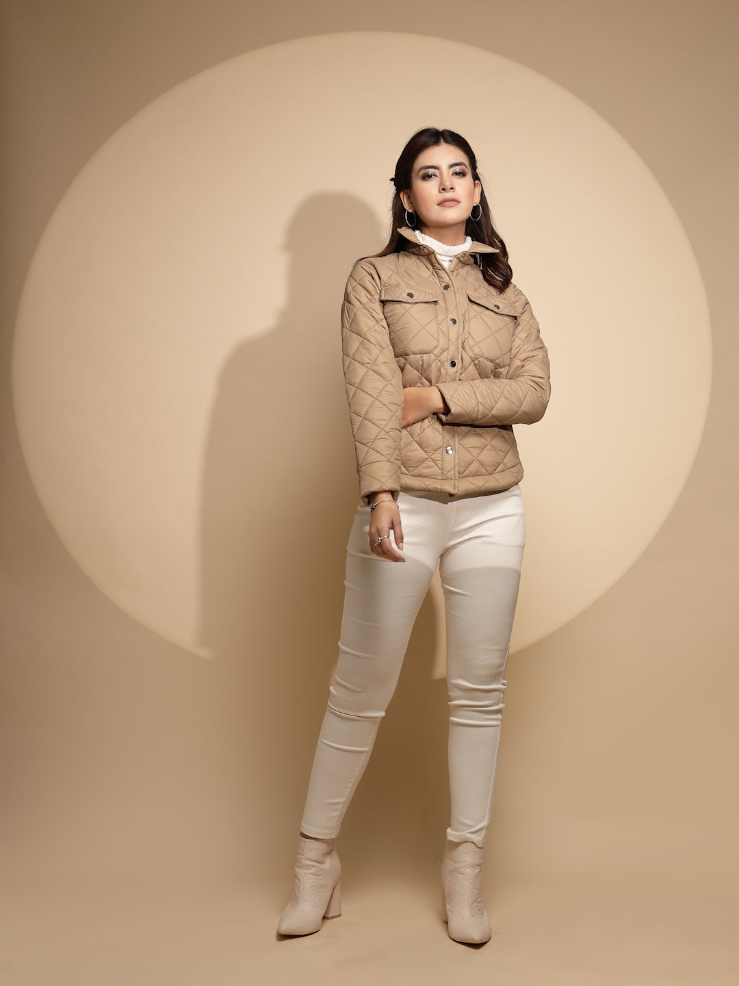 Women Beige Solid Full Sleeve Collar Neck Shacket - Global Republic