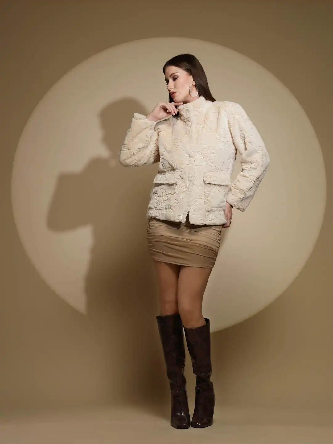 Beige Embossed Woollen Jacket - Global Republic