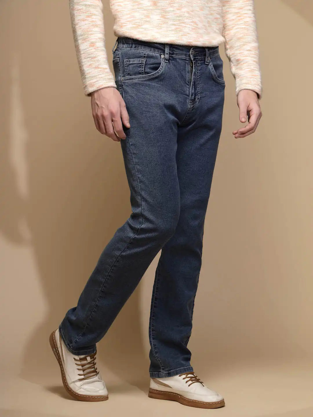 Medium Blue Solid Mid Rise Full Length Straight Slim Fit Cotton Blend Jeans - Global Republic