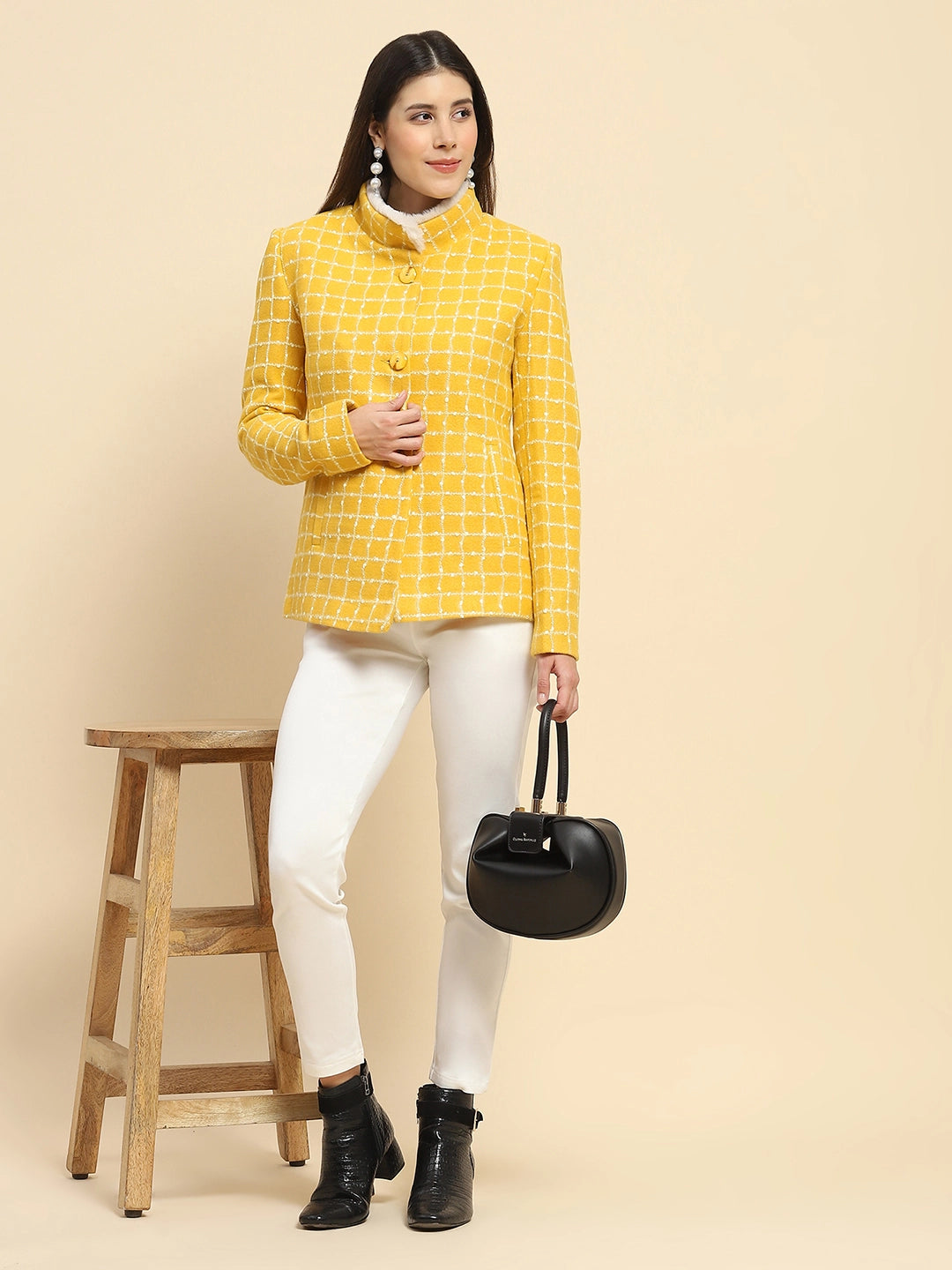 Mustard Acrylic Check Winter Coat - Global Republic