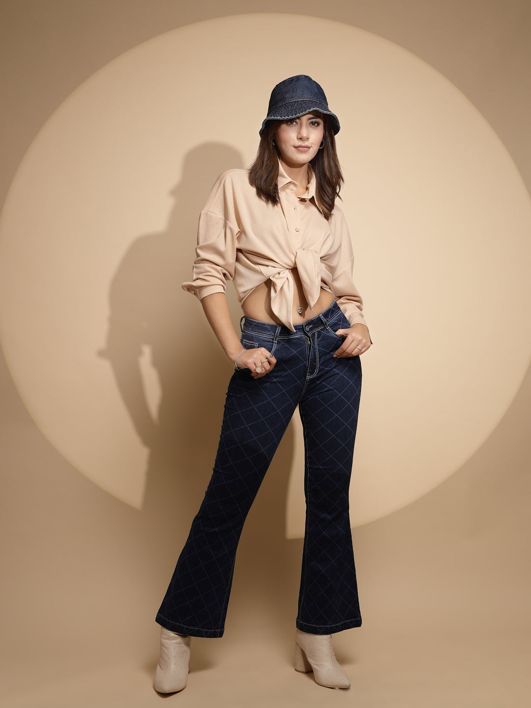 Blue Checkered Bootcut Jeans - Global Republic