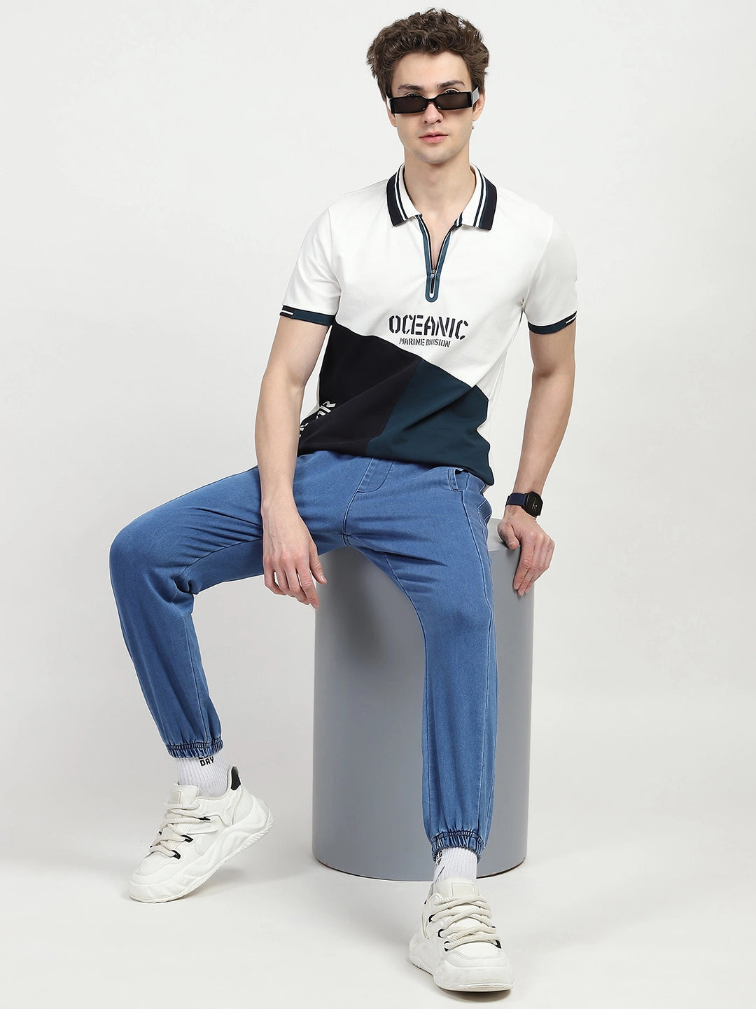 Blue Color Block Cotton Polo T-shirt - Global Republic
