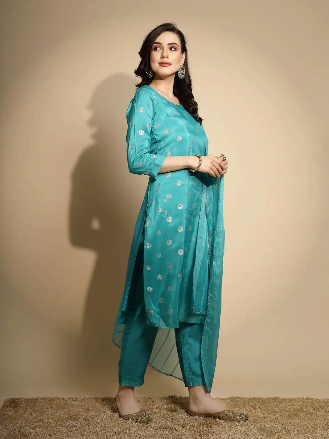 Firozi Foil Printed Silk Kurta Bottom Set With Organza Dupatta - Global Republic