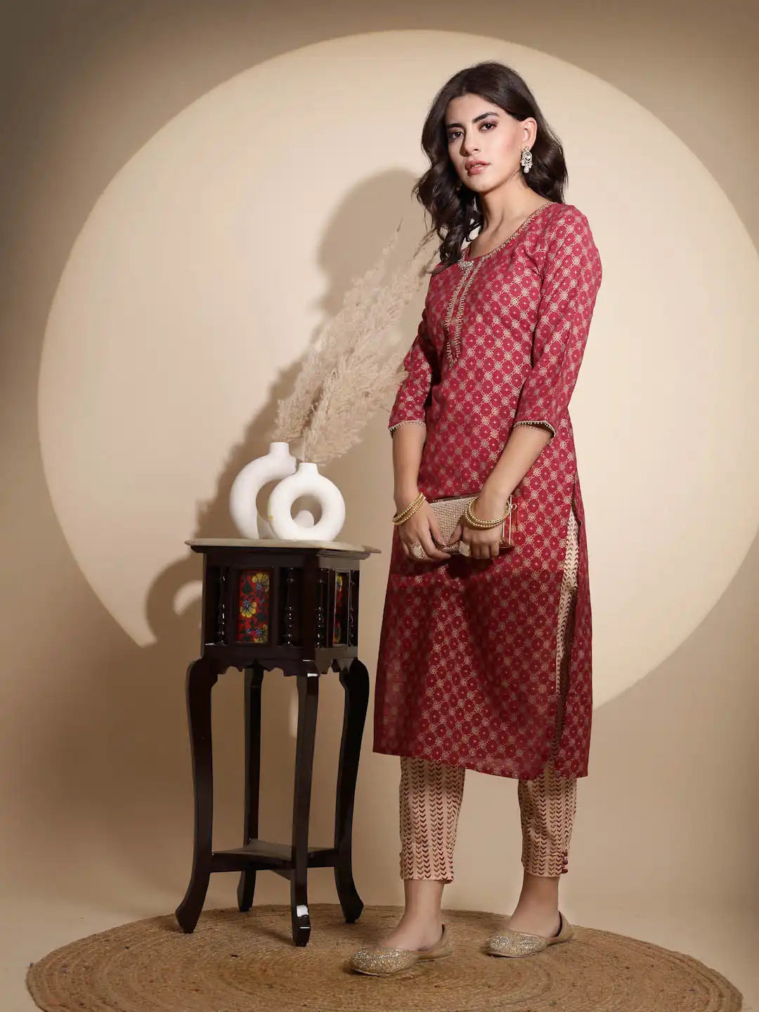 Maroon Embroidery Print Three Fourth Sleeve Cotton Kurta Set