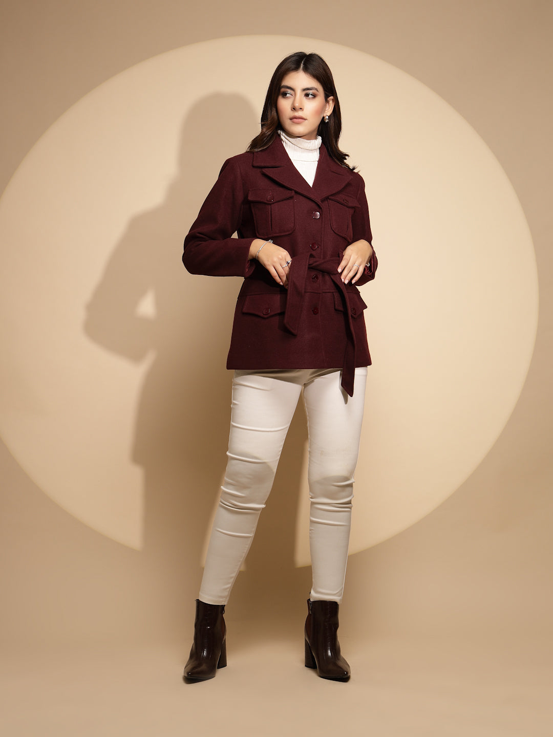 Wine Solid Knitted Wrap Coat - Global Republic