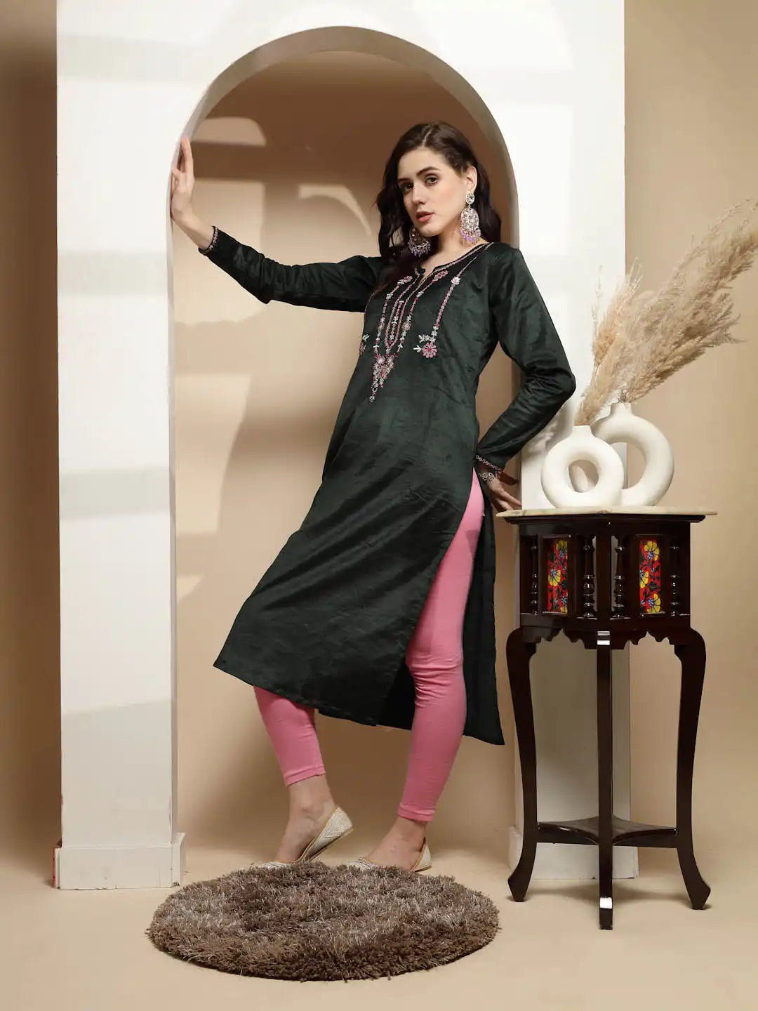 Olive Embellished Cotton Kurta - Global Republic