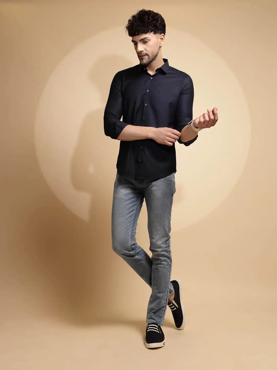 Blue Solid Full Sleeve Collar Neck Cotton Blend Shirt - Global Republic