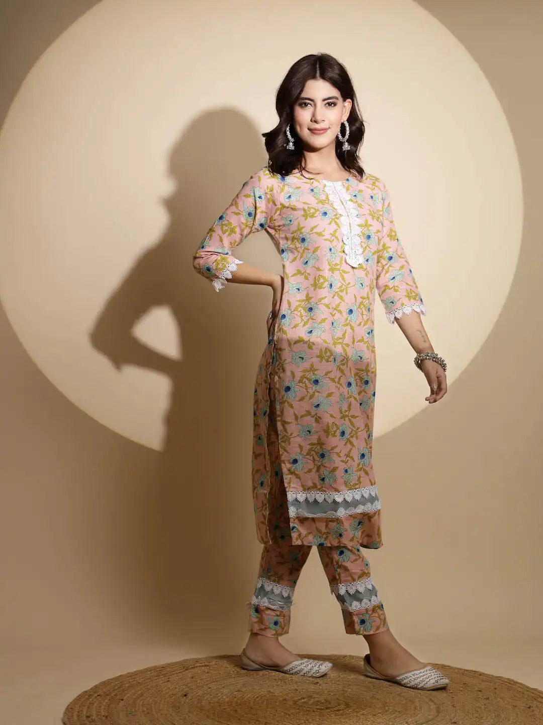 Peach Embellished Print Three Fourth Sleeve Cotton Kurta Set - Global Republic