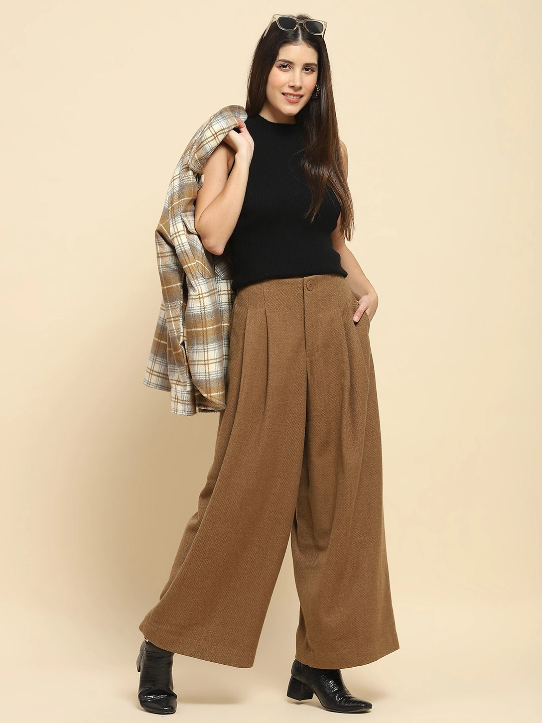 Brown Viscose Wide Leg Winter Trouser - Global Republic