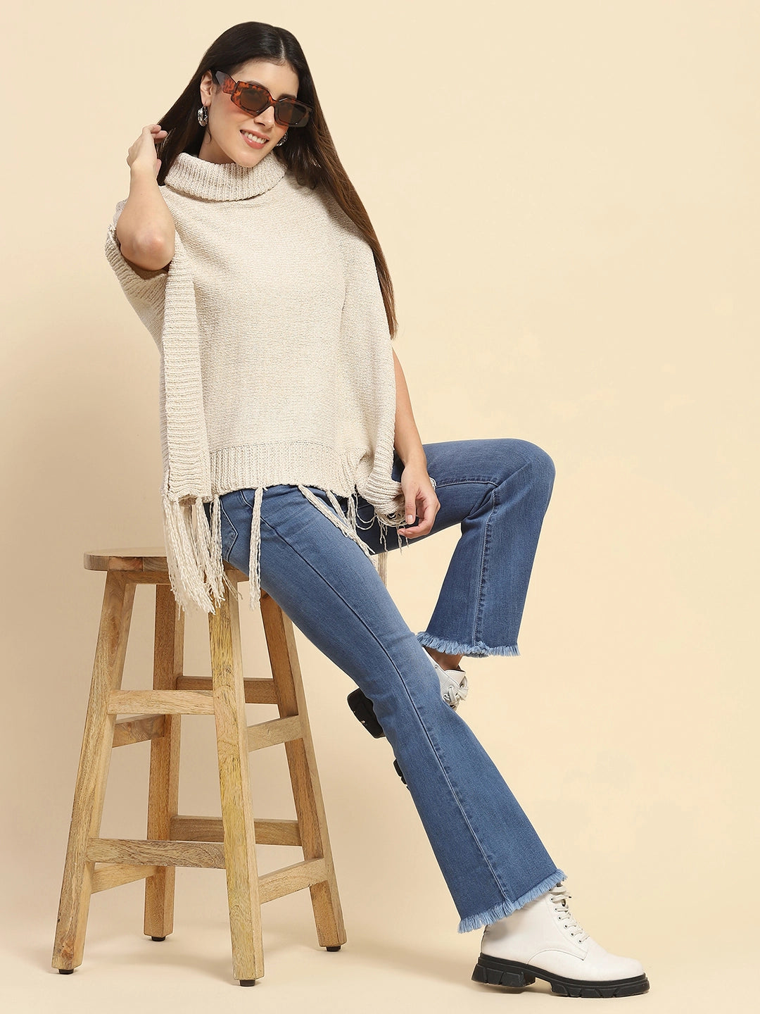 Beige Wool Blend Loose Poncho - Global Republic