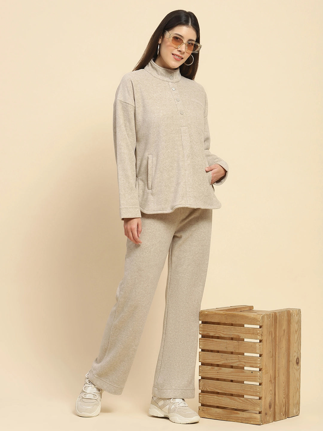 Beige Solid Relaxed Winter Nightsuit - Global Republic