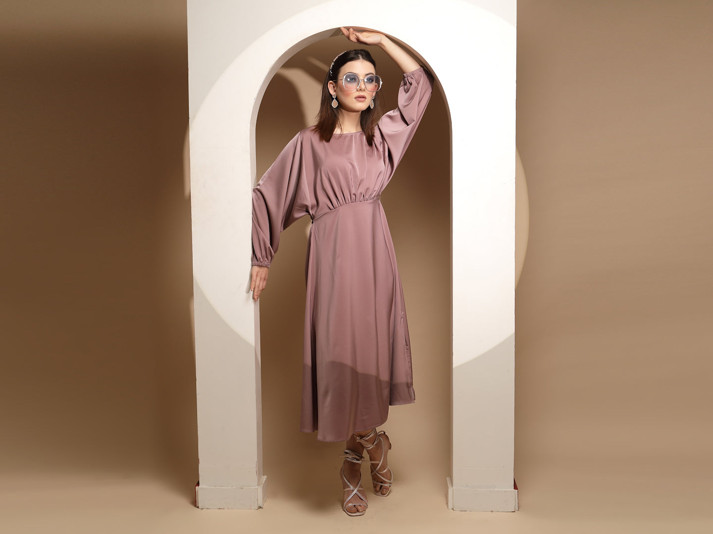 Dusty Nude Solid Satin Long Dress - Global Republic