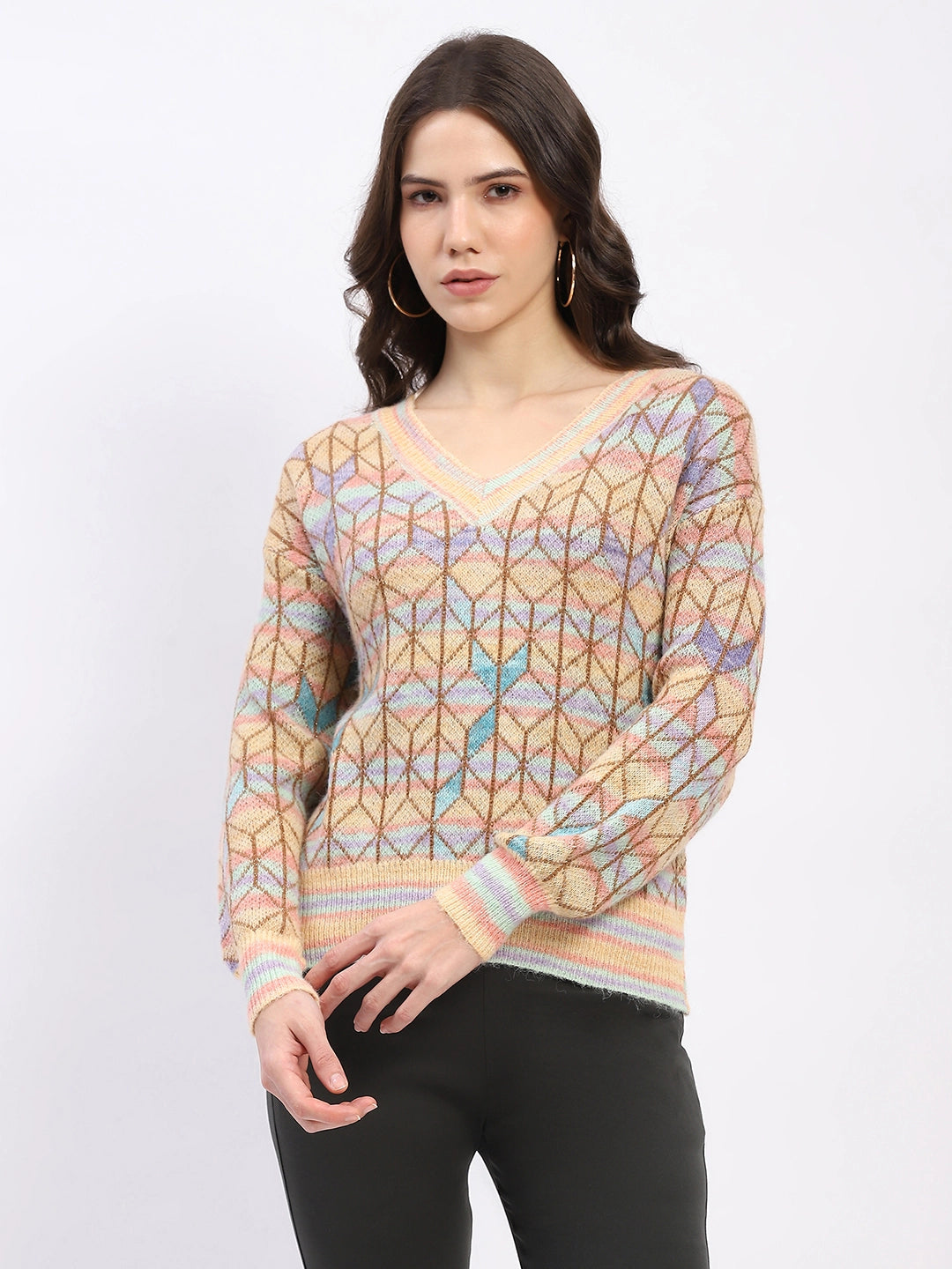 Multicolor Geometric V-Neck Pullover - Global Republic
