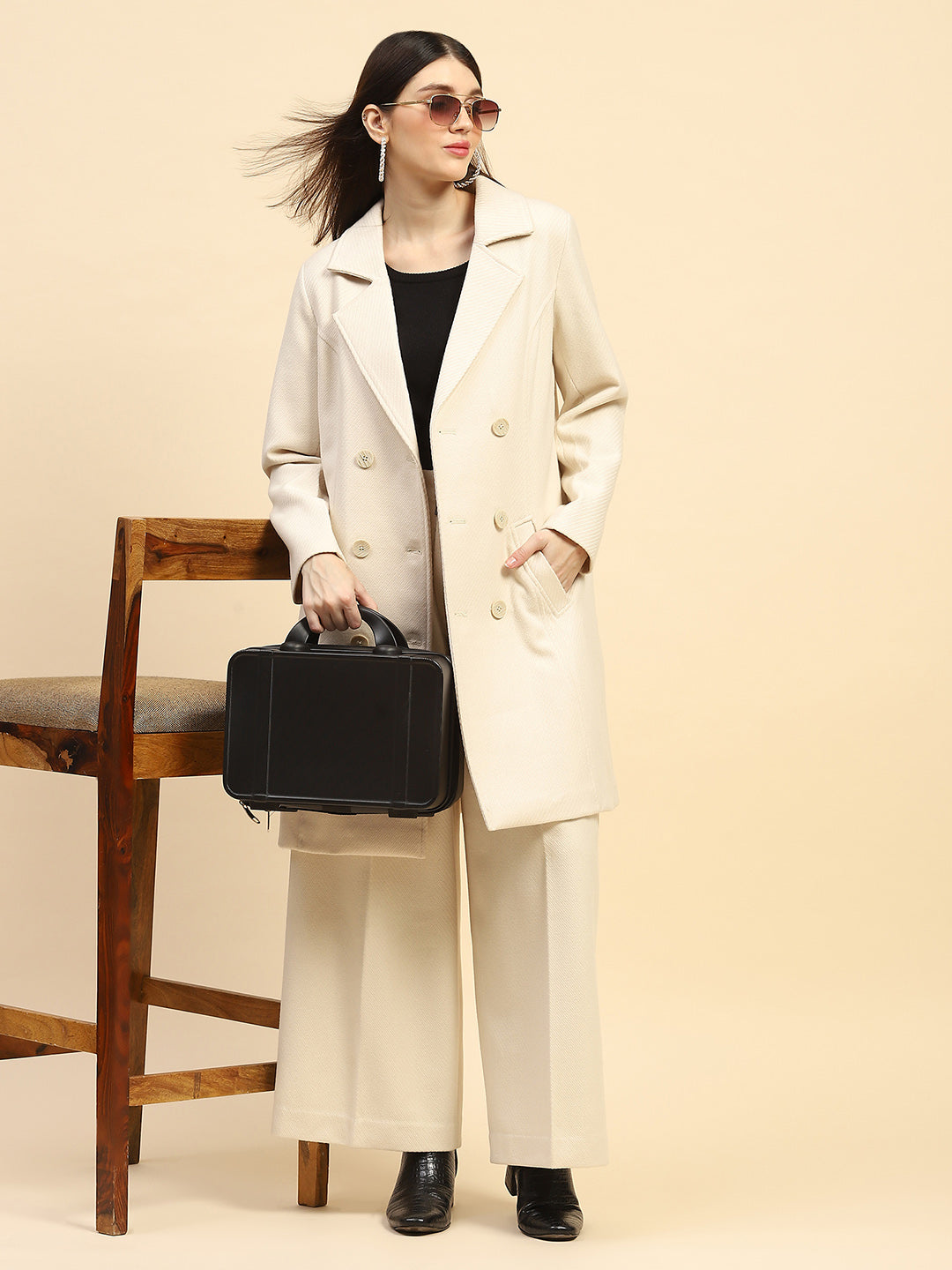 Cream Viscose Coat With Trouser Winter Set - Global Republic