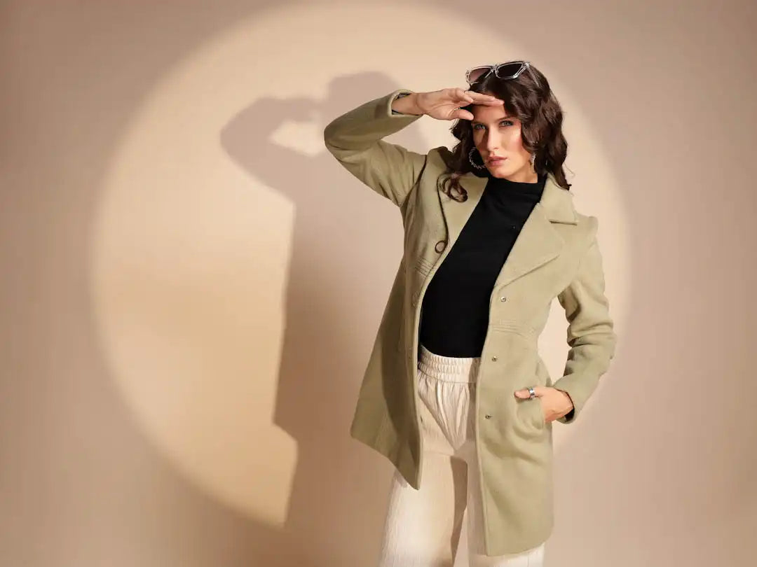 Women's Solid Collared Neck Green Blazer - Global Republic