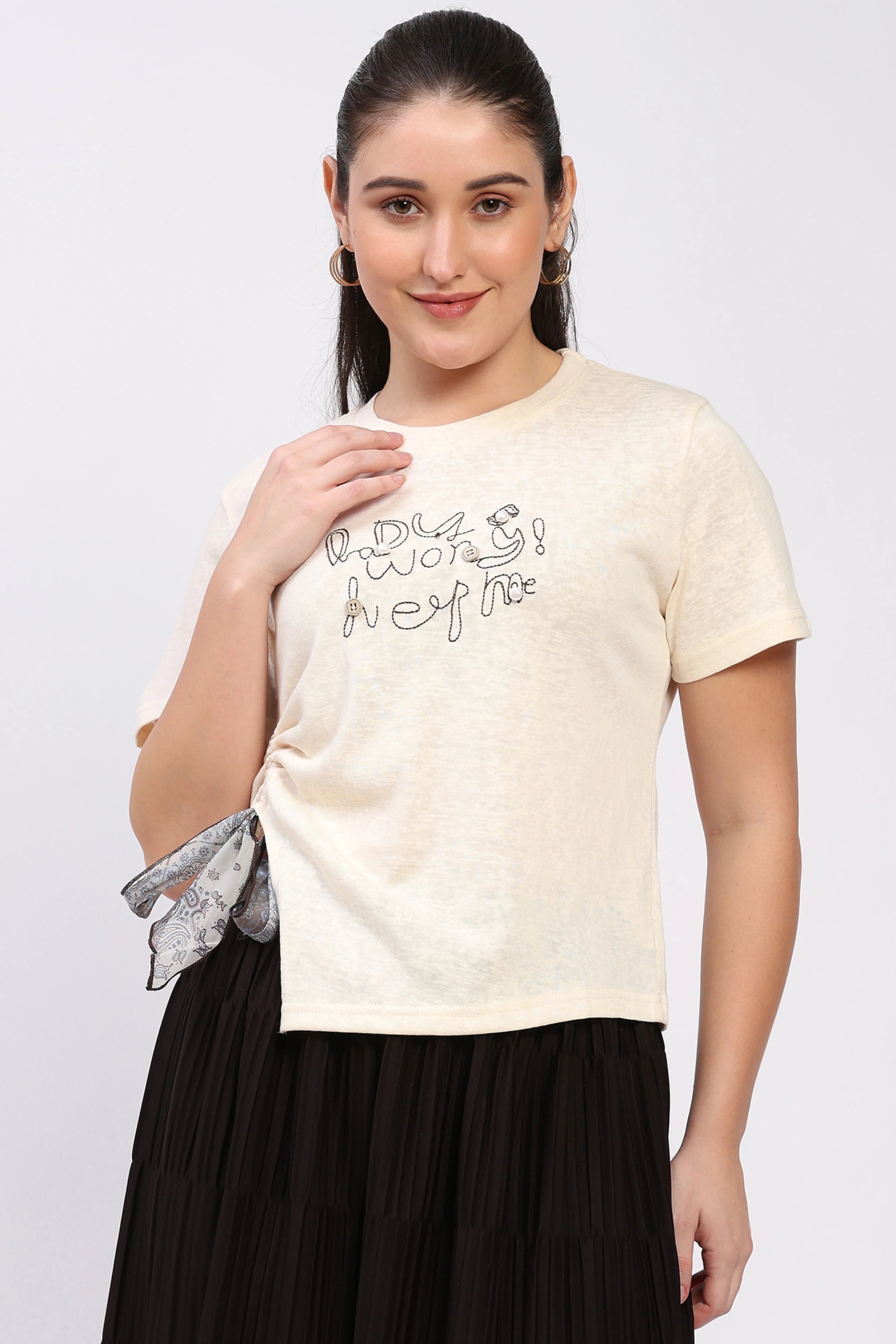 Cream Embellished Side-Tie Top-Global Republic