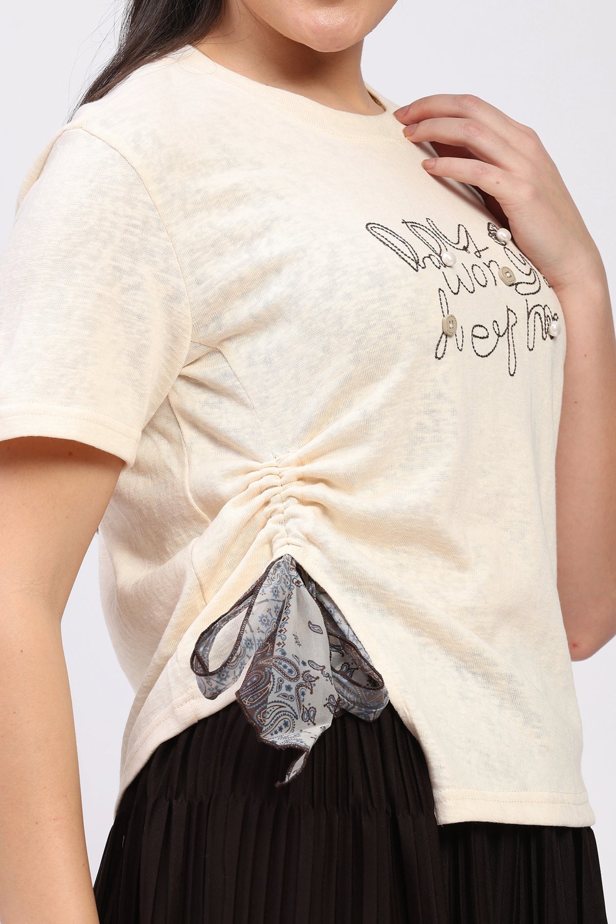 Cream Embellished Side-Tie Top