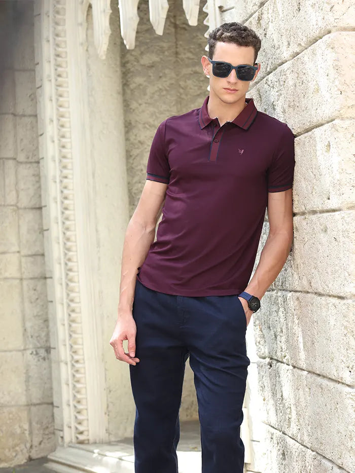 Wine Solid Cotton Blend Polo T-Shirt - Global Republic