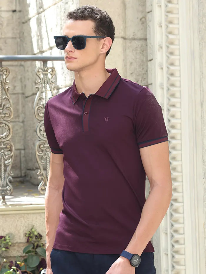 Wine Solid Cotton Blend Polo T-Shirt - Global Republic