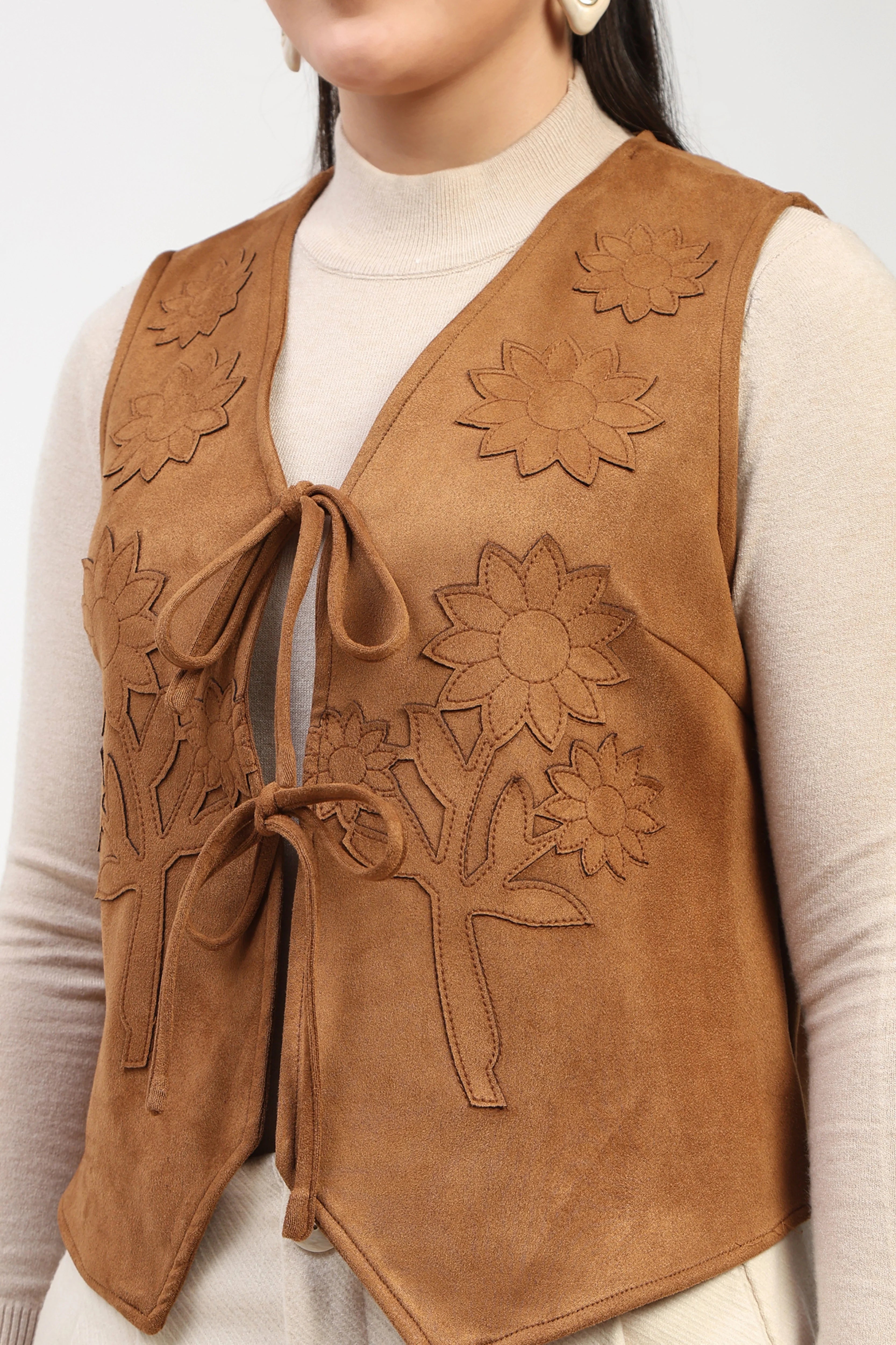 Tan Floral Suede Waistcoat-Global Republic