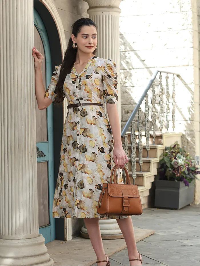 Yellow Digital Print Modal Rayon Dress - Global Republic