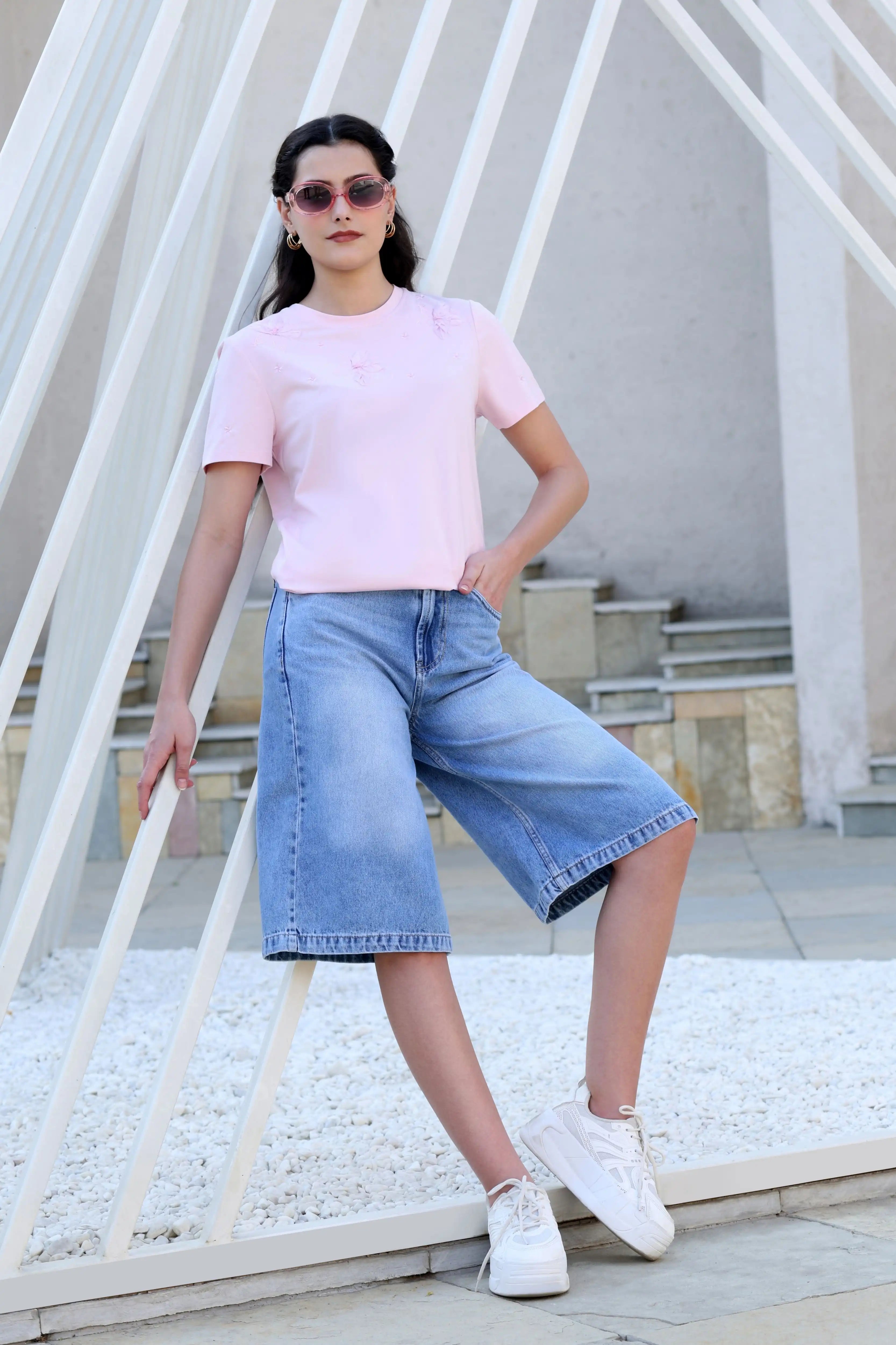 Blue Solid Cotton Blend Loose Culottes - Global Republic