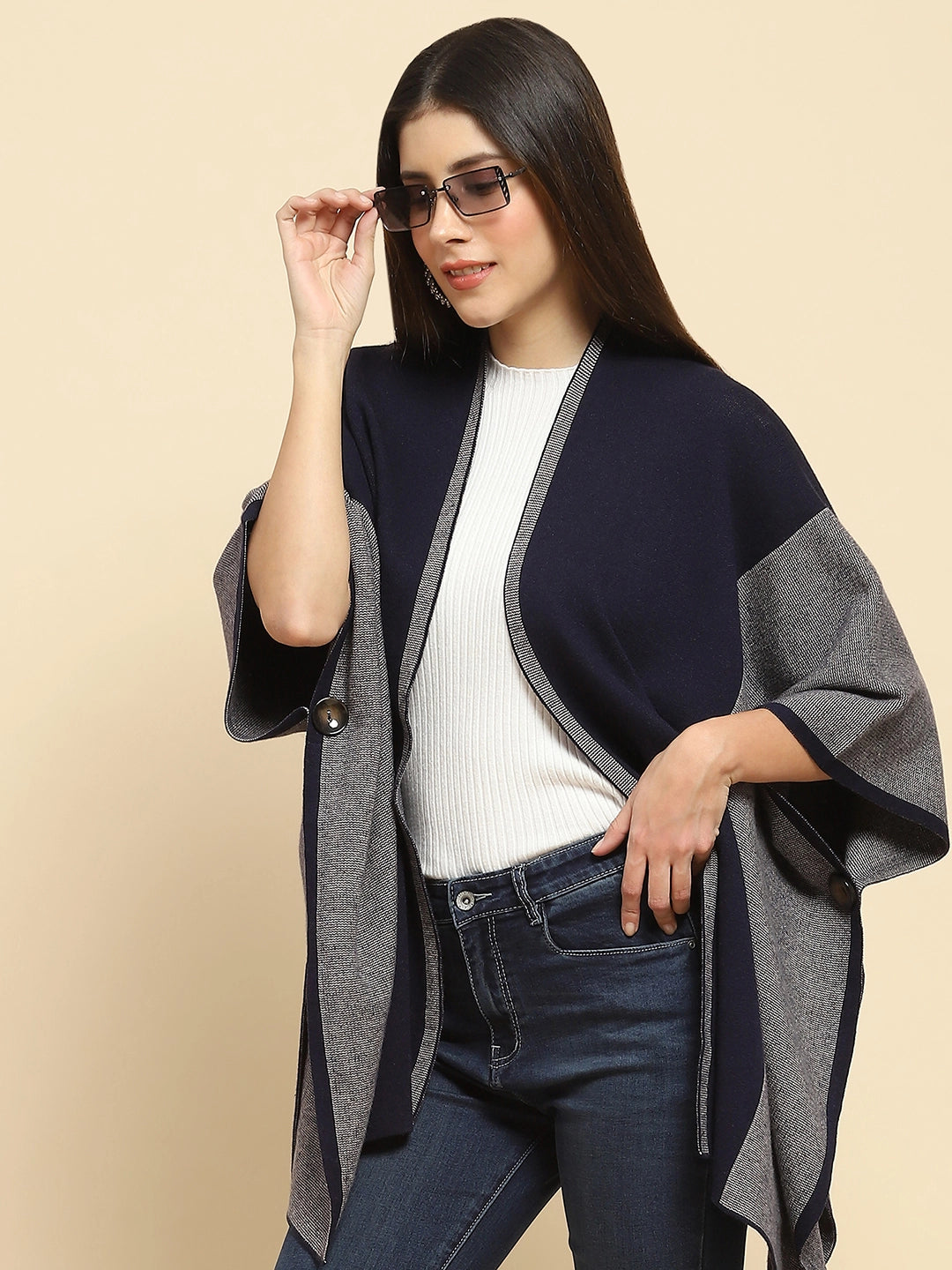 Navy Blue Wool Blend Winter Shrug - Global Republic