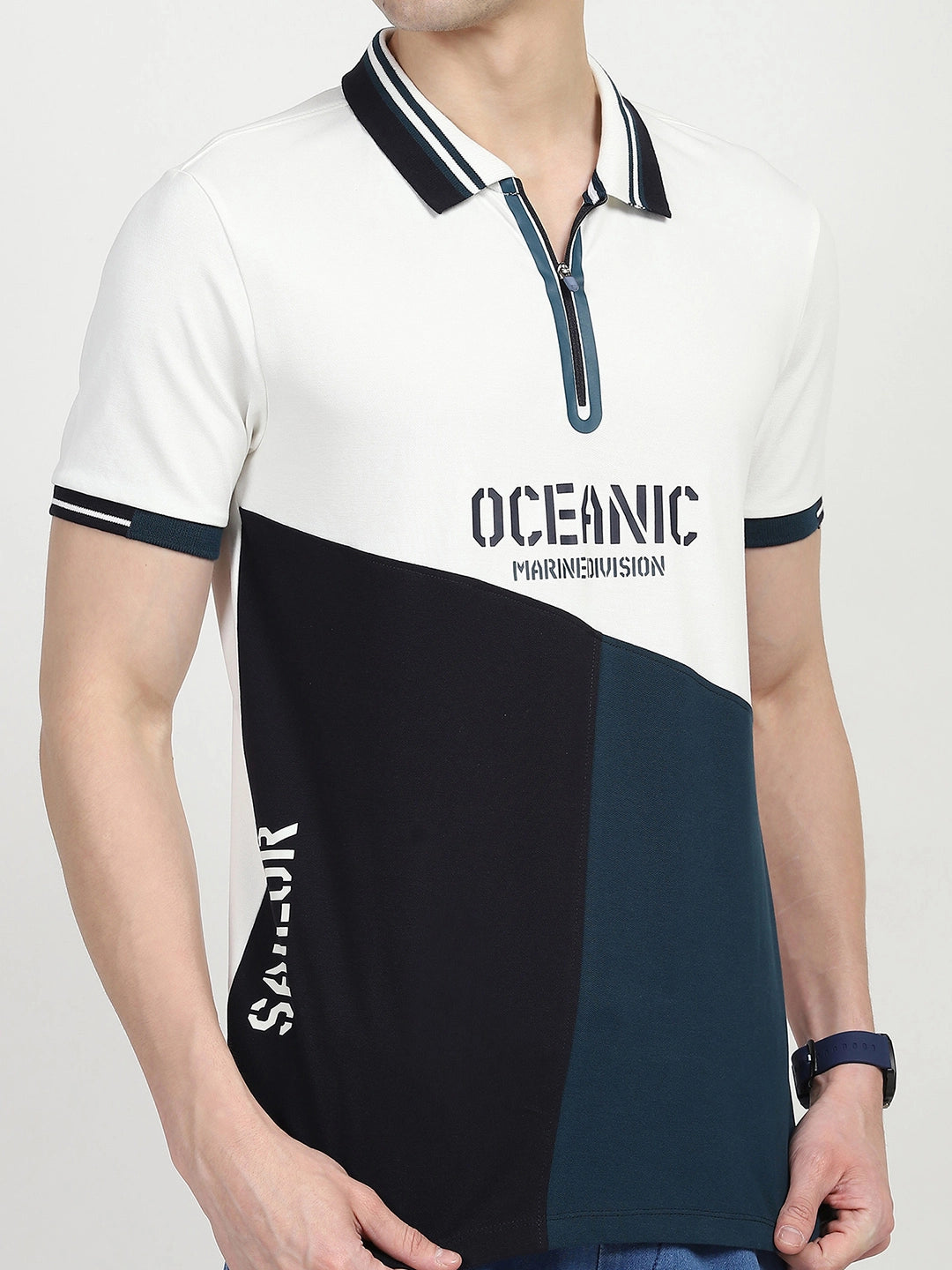 Blue Color Block Cotton Polo T-shirt - Global Republic