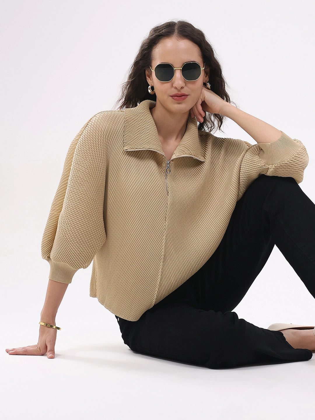 Beige Solid Pleated Blouson Top - Global Republic