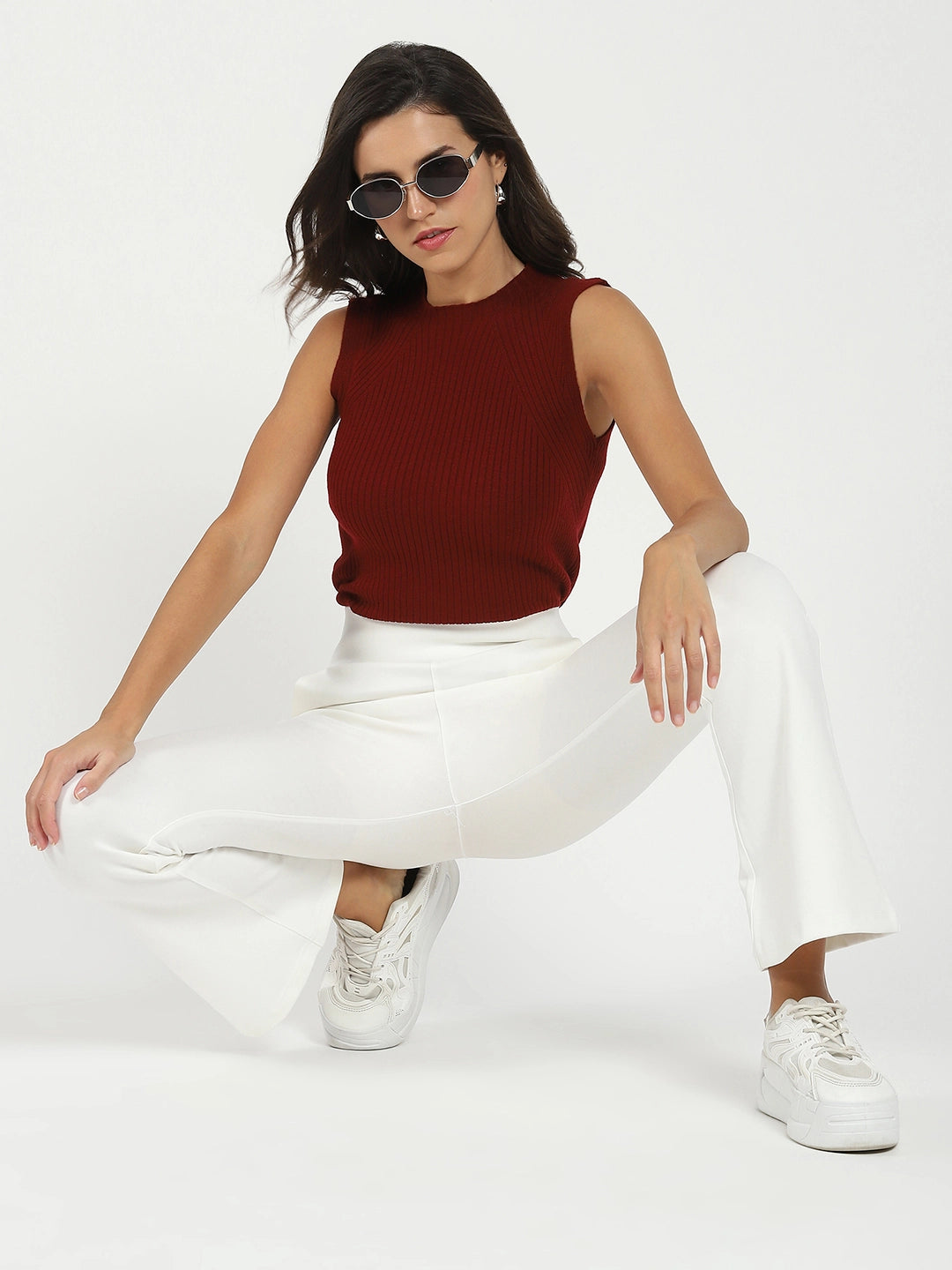 White Stretchable Bootcut Trousers - Global Republic