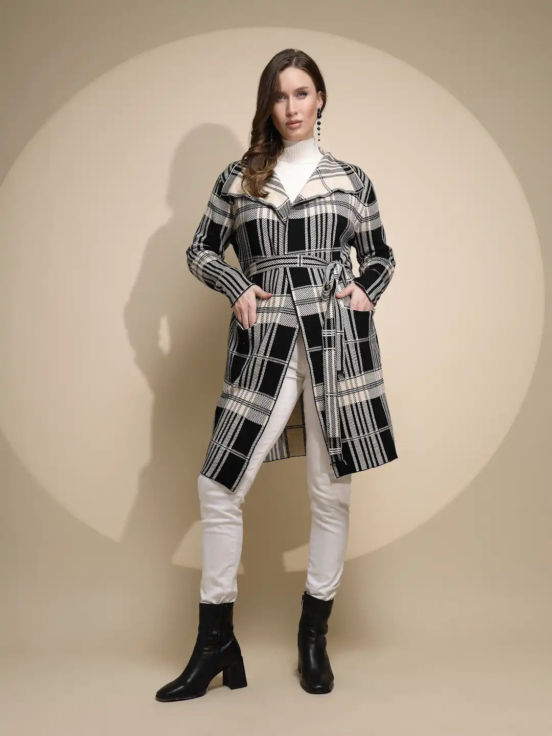 Women Beige Check Full Sleeve Collar Neck Knitted Winter Wrap Coat with Belt