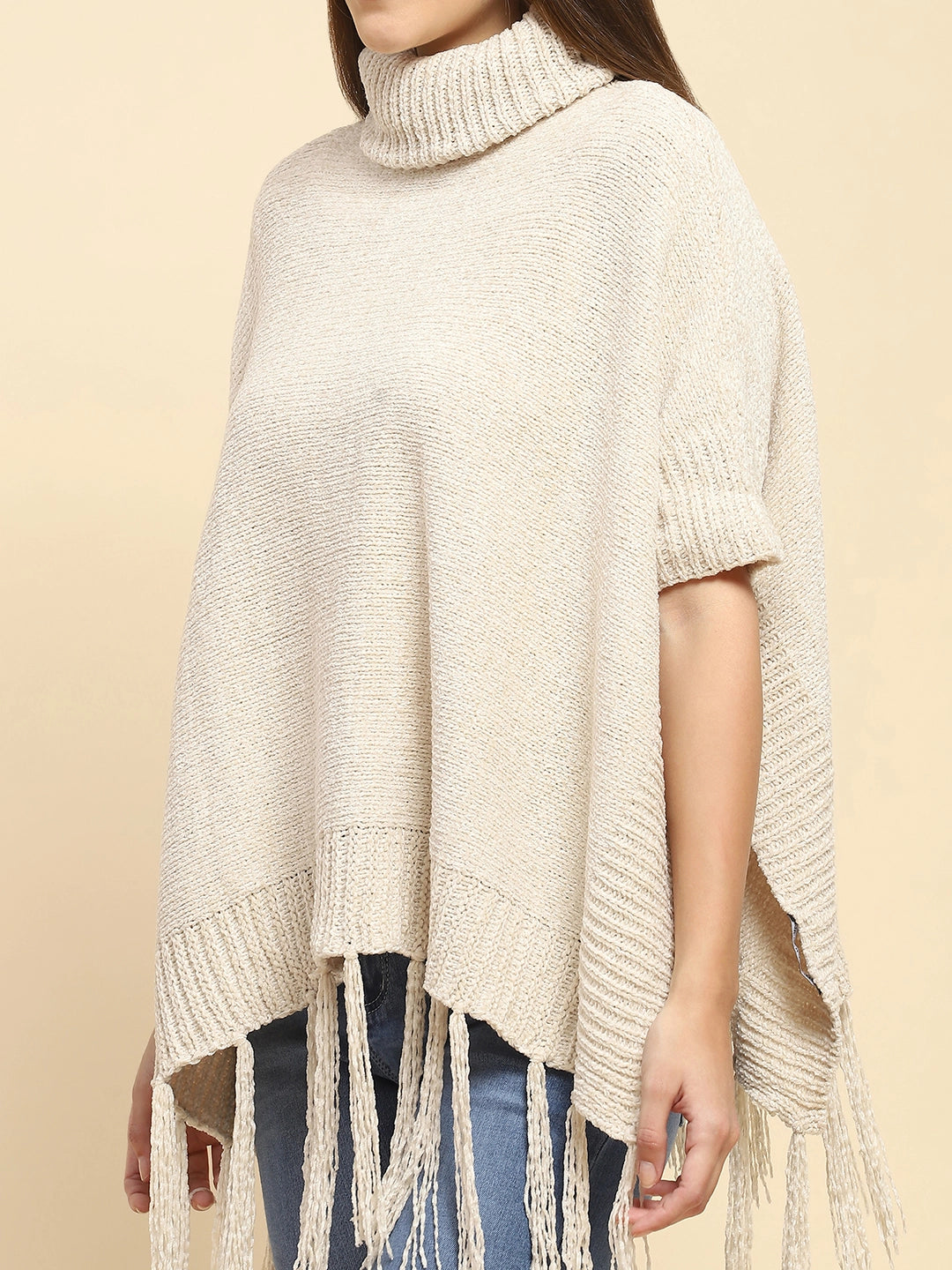 Beige Wool Blend Loose Poncho - Global Republic