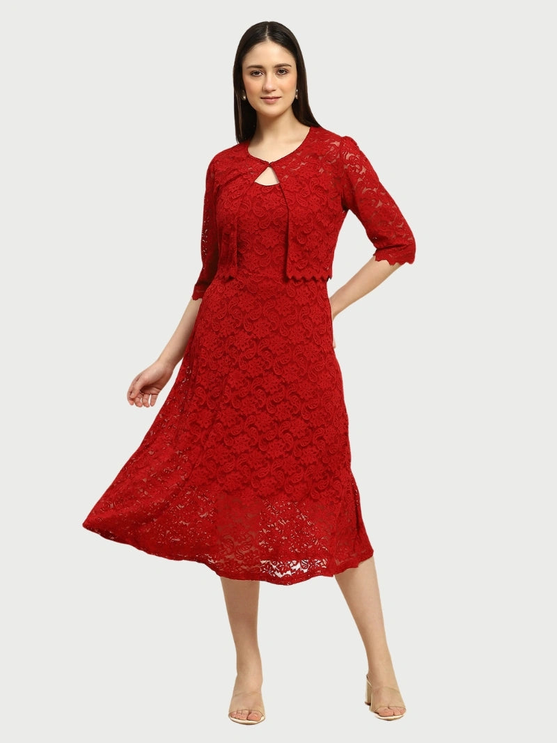 Maroon Floral Lace Fit & Flare Dress - Global Republic