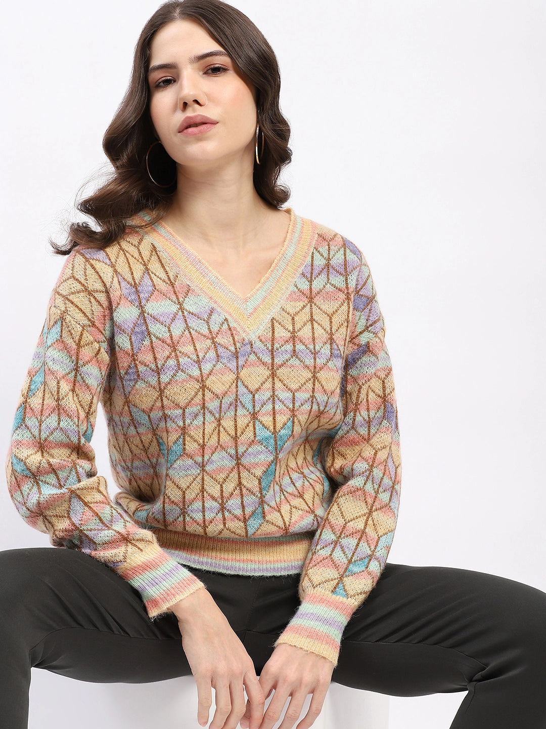 Multicolor Geometric V-Neck Pullover - Global Republic