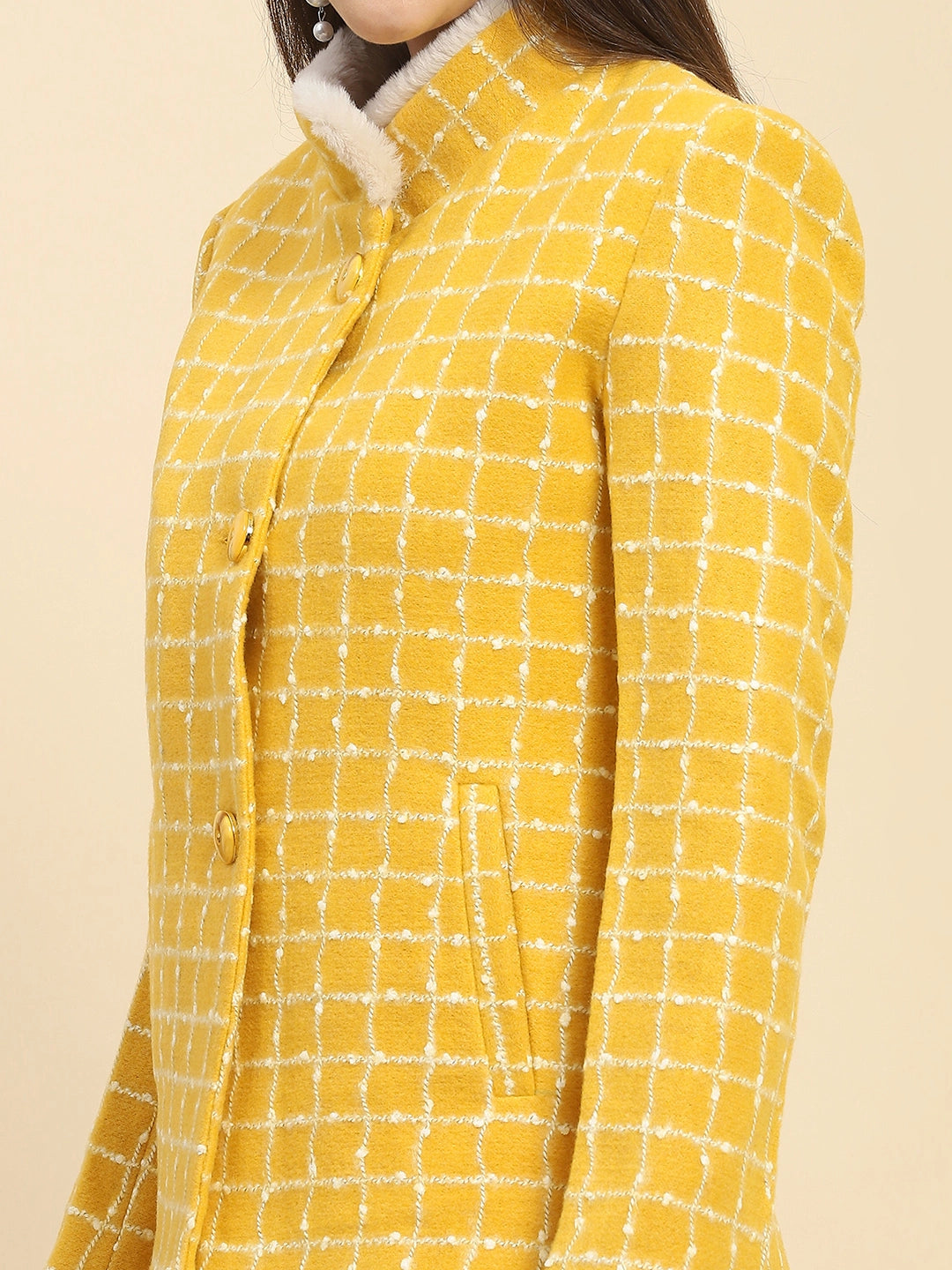 Mustard Acrylic Check Winter Coat - Global Republic