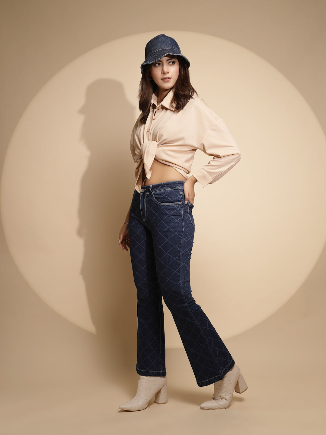 Blue Checkered Bootcut Jeans - Global Republic