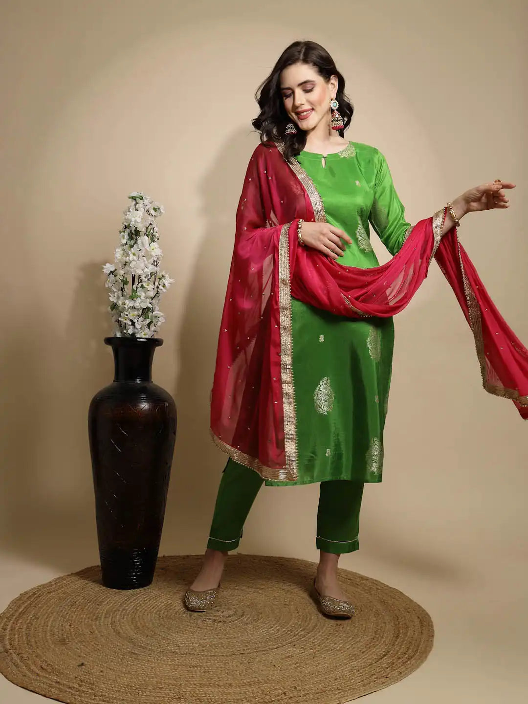Green Foil Printed Silk Kurta Bottom Set With Dupatta - Global Republic