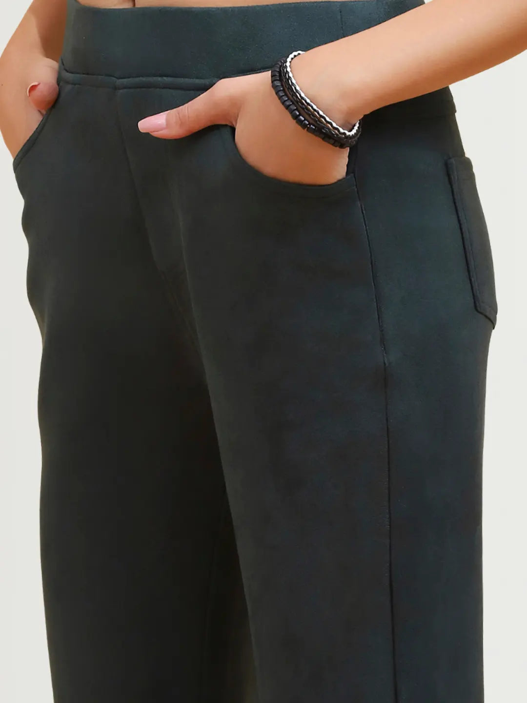 Green Solid Straight Fit Suede Jegging - Global Republic